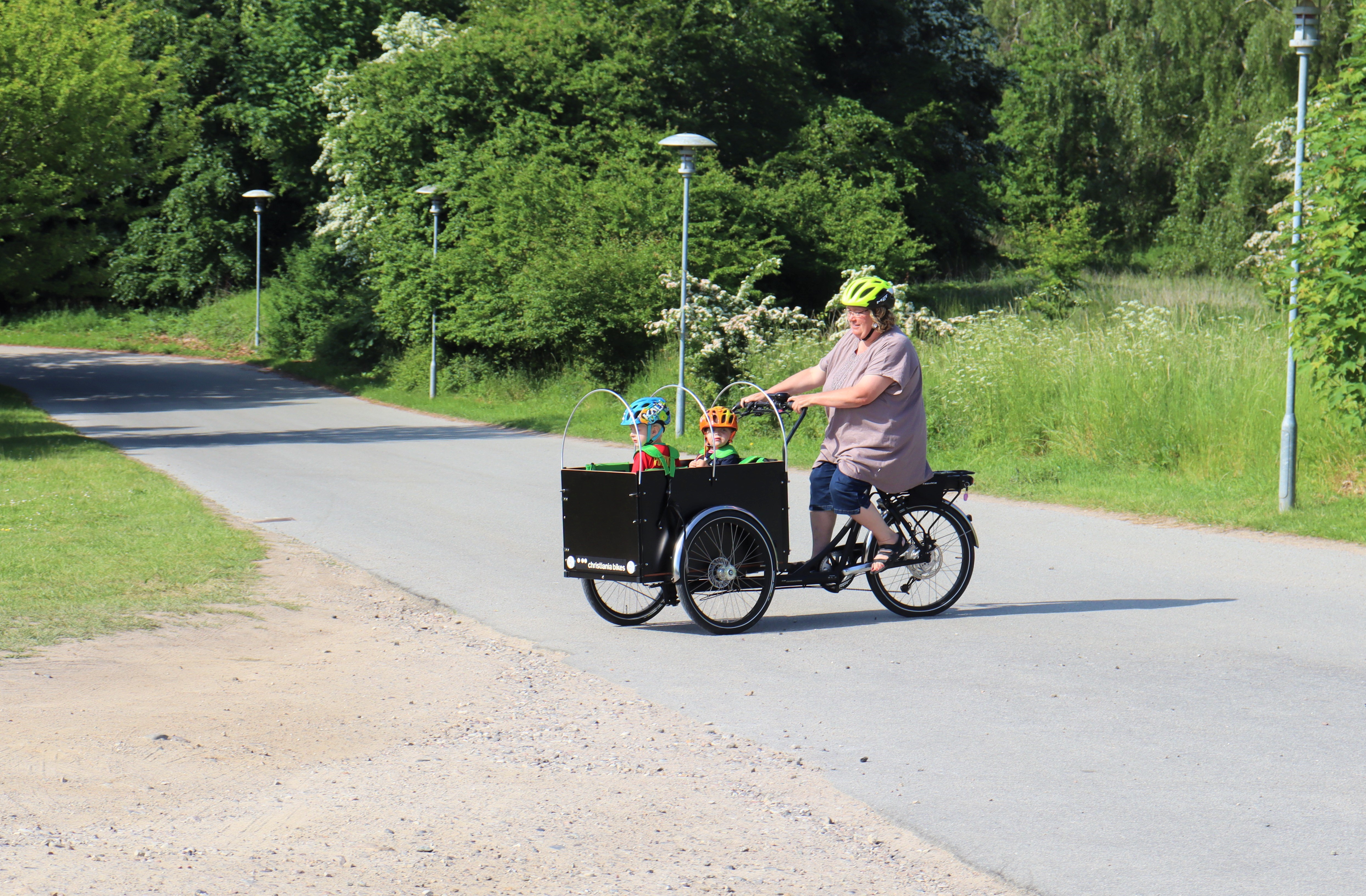 Dagplejer cykler i ladcykel med dagplejebørn